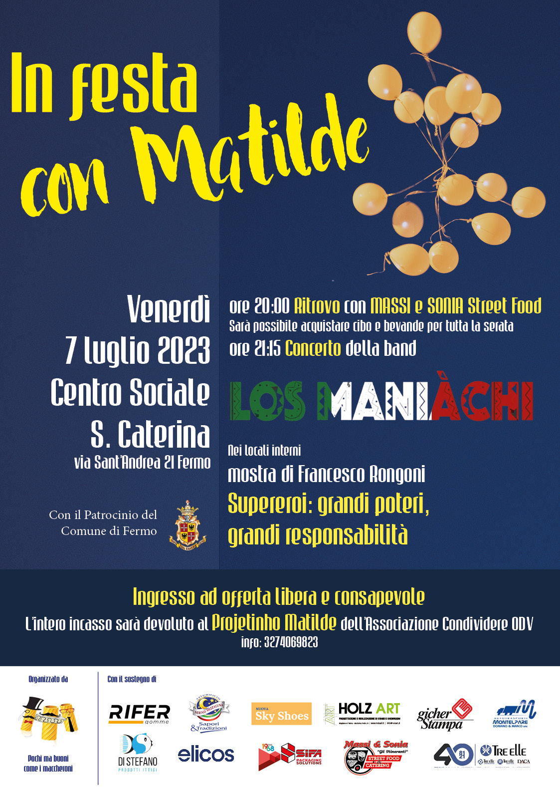 Manifesto dell'evento in festa con Matilde 7 luglio 2023 Fermo Centro Sociale S.Caterina